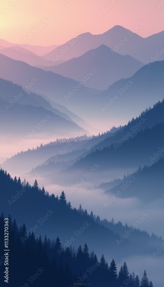 Fototapeta premium A breathtaking view of layered mountains shrouded in mist, illuminated by the soft hues of dawn. The tranquil scene evokes a sense of peace and wonder, showcasing the beauty of natures serene