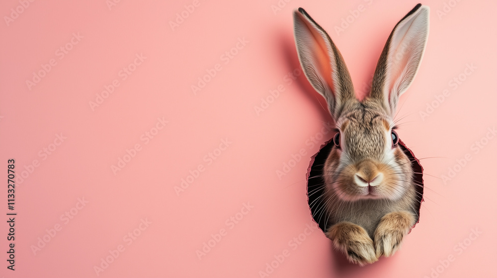 Fototapeta premium A cute little rabbit peeking out of hole