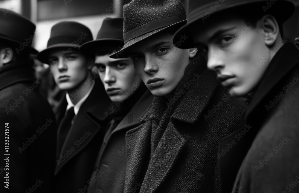 Obraz premium Stylish men in elegant hats and coats showcase timeless fashion in a vintage urban setting during a bustling event