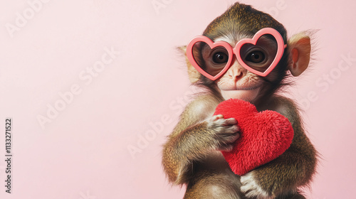  A cute monkey holding a red plush heart toy