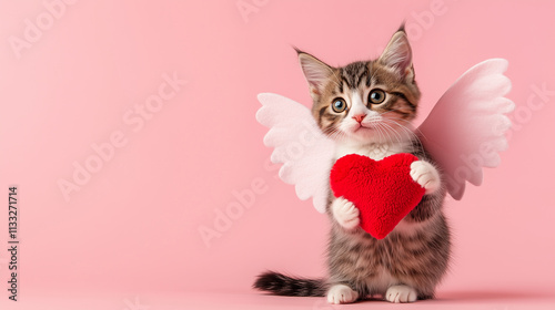 A cute cat holding a red plush heart toy