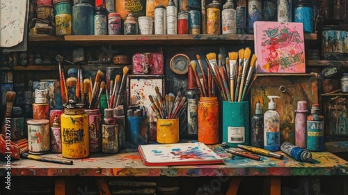 Wallpaper Mural Artist's cluttered studio, paint, brushes, and supplies. Torontodigital.ca