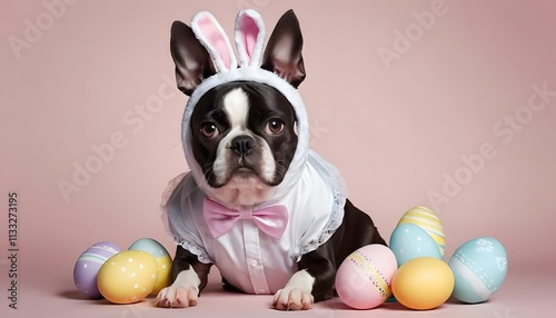 Adorable Boston Terrier in Easter Bunny Costume with Colorful Eggs photo