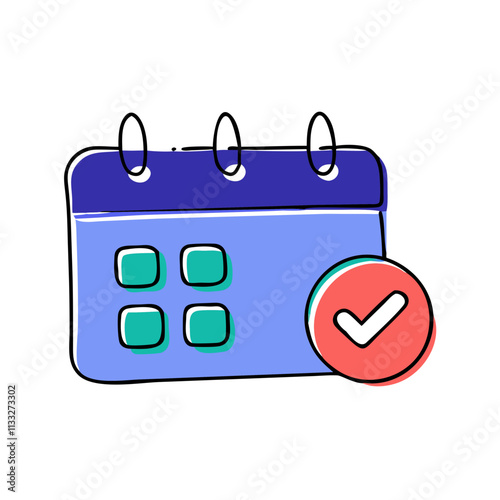 Colorful calendar with a checkmark in a cartoon illustration with copy space