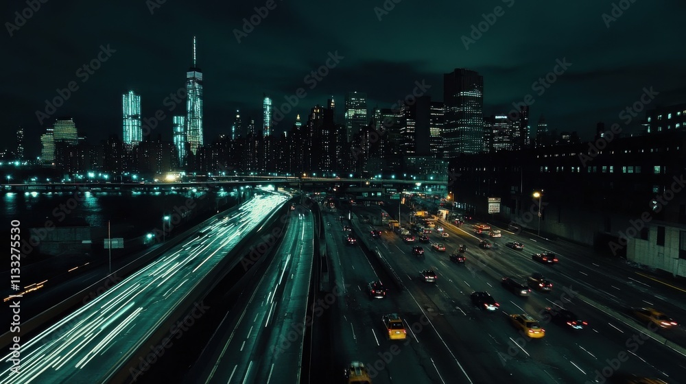 Fototapeta premium City lights shimmer as cars rush and skyscrapers loom in the night, capturing the heartbeat of urban life in New York