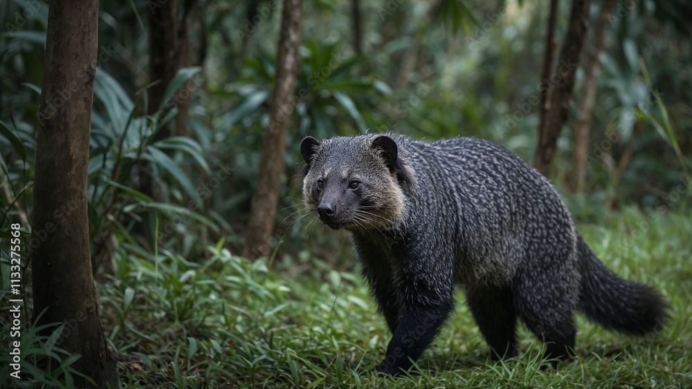 Fototapeta premium Binturong walking through lush greenery with a curious expression in its natural habitat