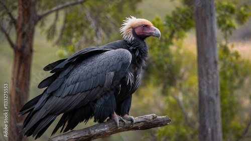California condor sits majestically on a branch amidst lush greenery