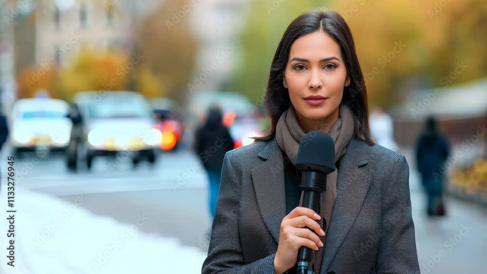 Reporter standing on busy city street in autumn during news broadcast