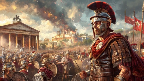 Roman army clashes with barbaric forces in a historic battle at the ancient city