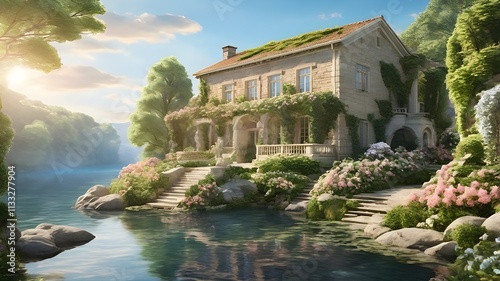 An ethereal, serene landscape featuring a grand, ancient stone house by a peaceful waterway. The scene captures a beautiful, lush garden with blooming flowers, tall trees, and ivy crawling up the wall