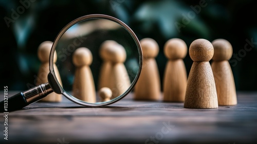 A group of light wooden figurines with a magnifying glass magnifying one, representing concepts of focus, investigation, and individuality, on a smooth wooden surface.. AI Generation