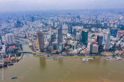 HO CHI MINH, VIET NAM - 09 DECEMBER, 2024: Buildings in the central area of Ho Chi Minh City, along the Saigon River. The symbol of modernity and dynamism of the largest city in the country.