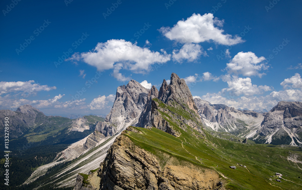 Famous Dolomites view from Seceda ridge, Italian Alps, Europe