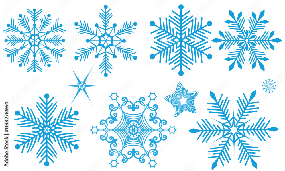Fototapeta premium Vector set christmas handwork blue vintage snowflakes isolated on transparent background