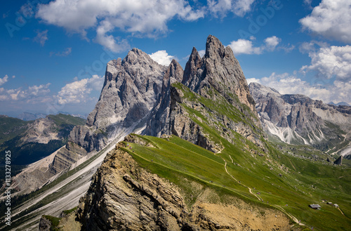 Famous Dolomites view from Seceda ridge, Italian Alps, Europe
