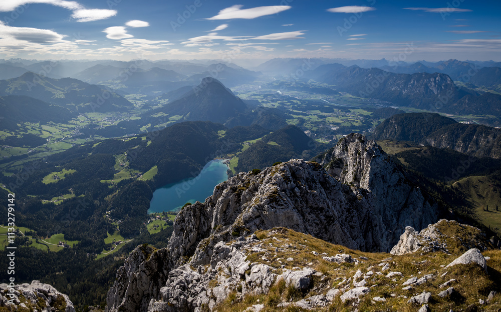 Panorama view of mount Scheffauer summit with Hintersteiner lake in foreground, austrian alps