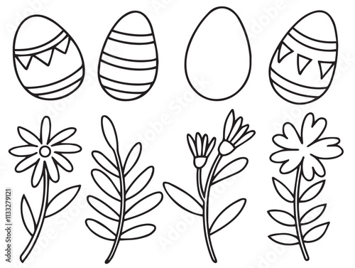 Easter set with eggs and flowers. simple illustration in doodle style, coloring book