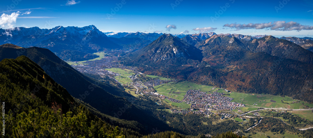 Panorama of Zugspitze, Kramerspitz and Garmisch-Partenkirchen from Hoher Fricken, German Alps, Bavaria