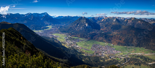 Panorama of Zugspitze, Kramerspitz and Garmisch-Partenkirchen from Hoher Fricken, German Alps, Bavaria photo