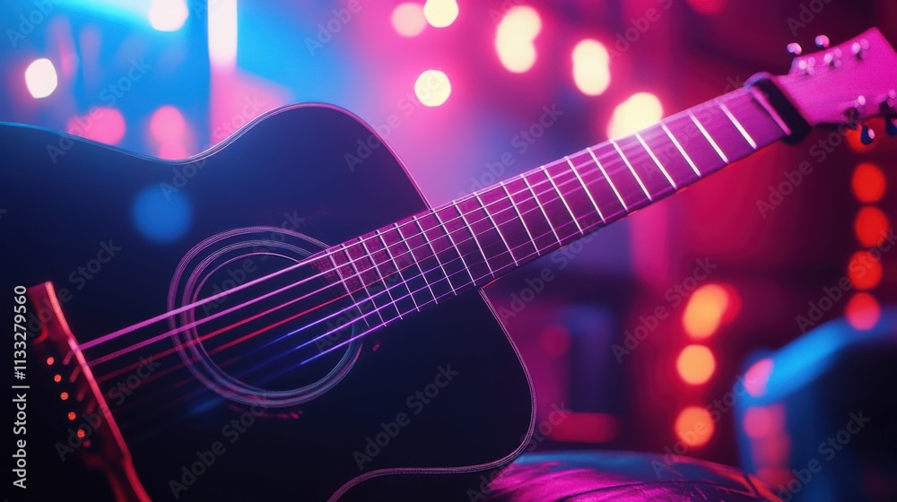 Obraz premium Acoustic guitar in neon-lit studio, cyberpunk aesthetic, intense colors, sharp focus
