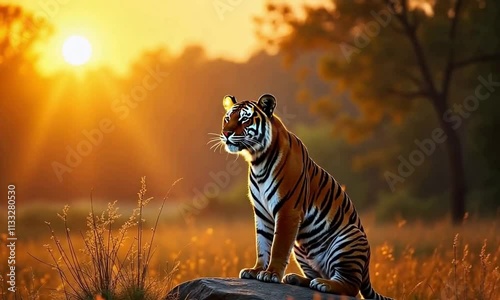 A majestic Bengal tiger sitting on a rock as the golden sun sets behind, illuminating the forest with a soft, warm glow. Gentle wind rustles the tall grass in slow motion.