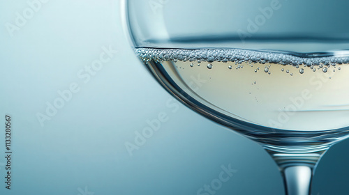 An abstract and minimal composition showing the delicate effervescence of champagne, captured in a close-up of a glass rim