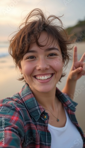 A cheerful young woman with tousled hair smiles brightly while posing for a selfie at the beach, her fingers forming a peace sign. The warm glow of the sunset reflects on the water, enhancing the photo