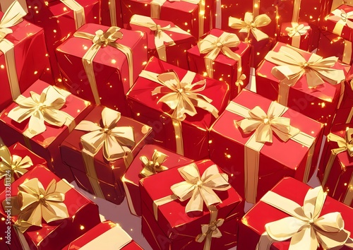 Charming display of various Christmas gifts in red and gold on a bright white background for seasonal celebrations.