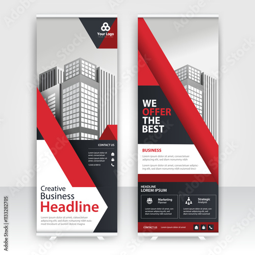 Modern design of annual report display stands showcasing professional graphics in an office environment with red color