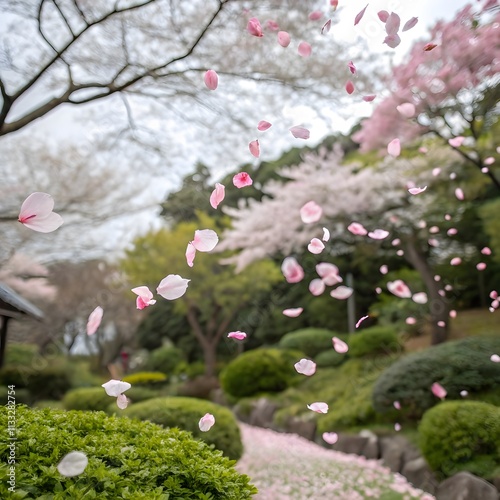 Delicate Pink Cherry Blossom Petals Dance in Spring Garden