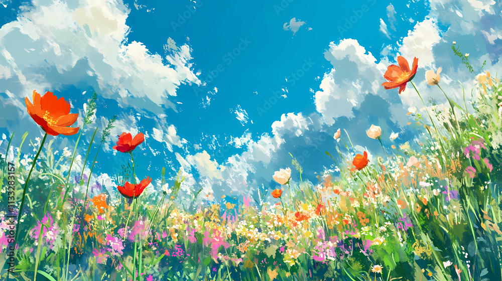Fototapeta premium Flower meadow in spring blue sky. generative ai. Meadow. Illustration