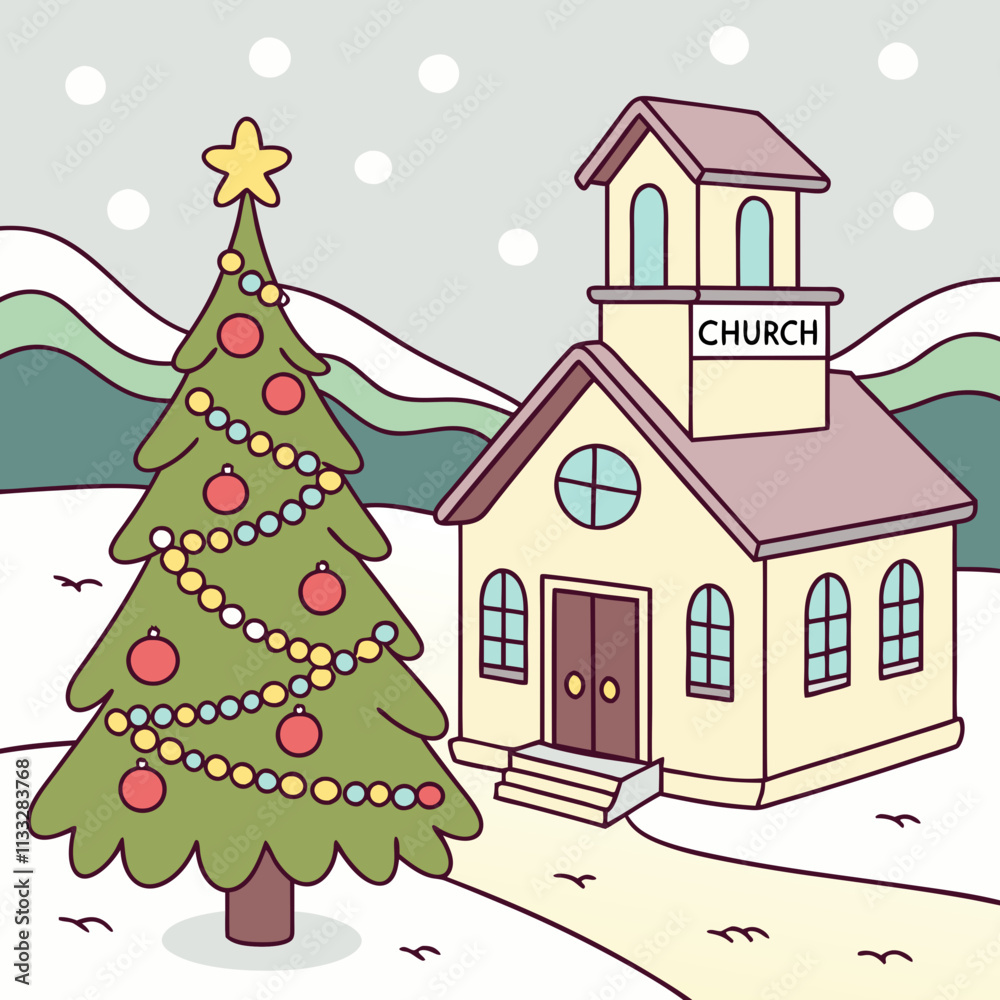 Fototapeta premium A Christmas tree and a church vector design for Christmas Day on a white background. 
