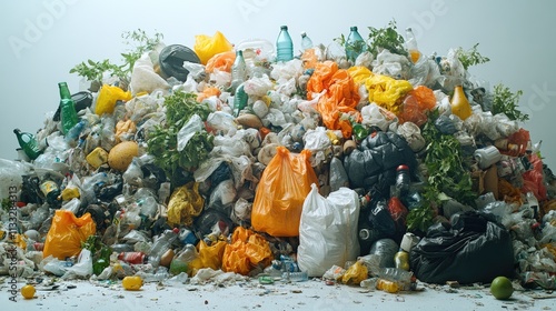 A picture of a pile of garbage with various items like plastic bags, containers, and more photo