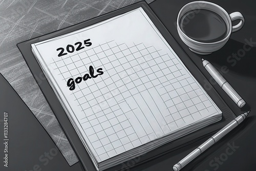 A notebook with a grid showing 2025 goals is placed on a dark table next to a cup of coffee. A pen rests nearby, suggesting a moment of reflection and planning for the future. photo