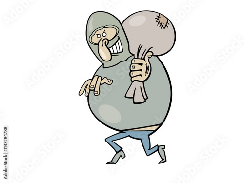 funny cartoon a theif with his stolen bag drawing illustration