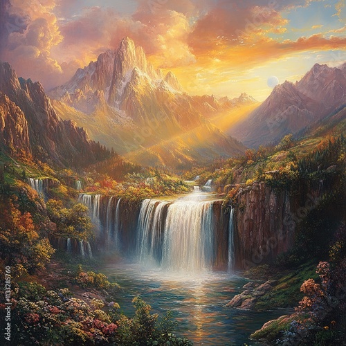 Majestic waterfall cascading through vibrant nature landscape at sunrise serene environment scenic viewpoint tranquility concept