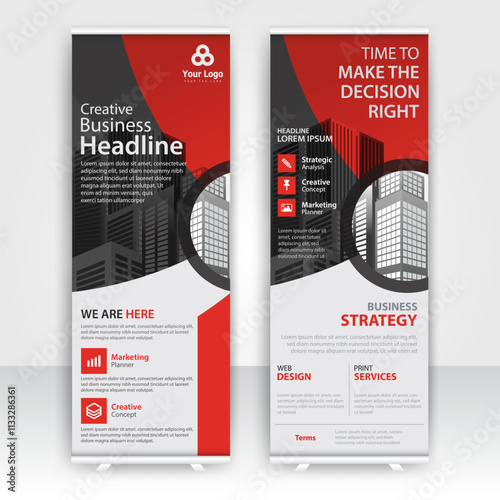 Modern design of annual report display stands showcasing professional graphics in an office environment with red color