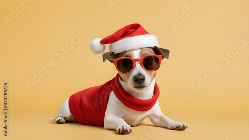 The image features a Jack Russell Terrier dressed up for Chrstms. photo