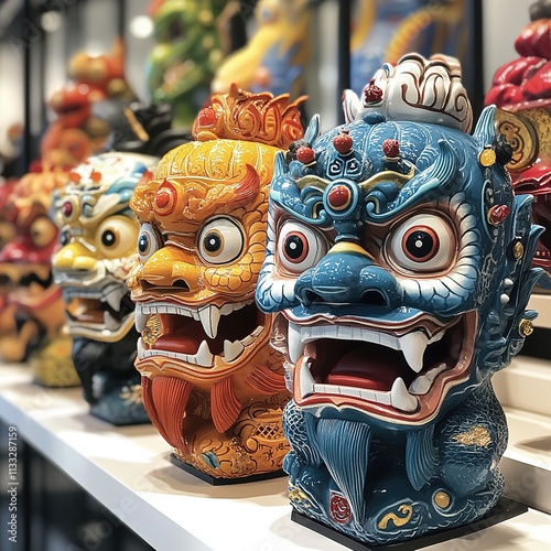 Cultural event colorful decorative lion statues artisan market craft art indoor gallery close-up view heritage display photo