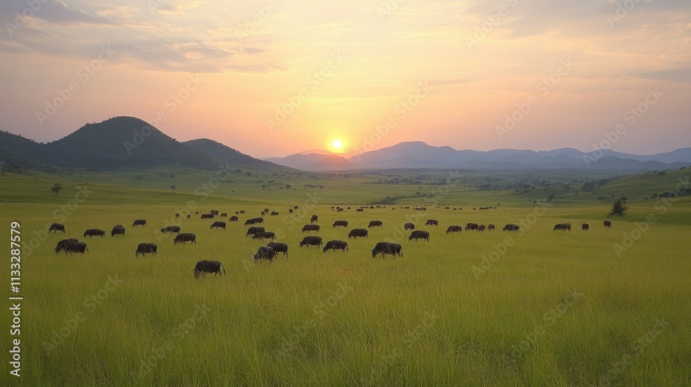 Obraz premium Serengeti sunset with wildebeest herd grazing in vast African savanna.