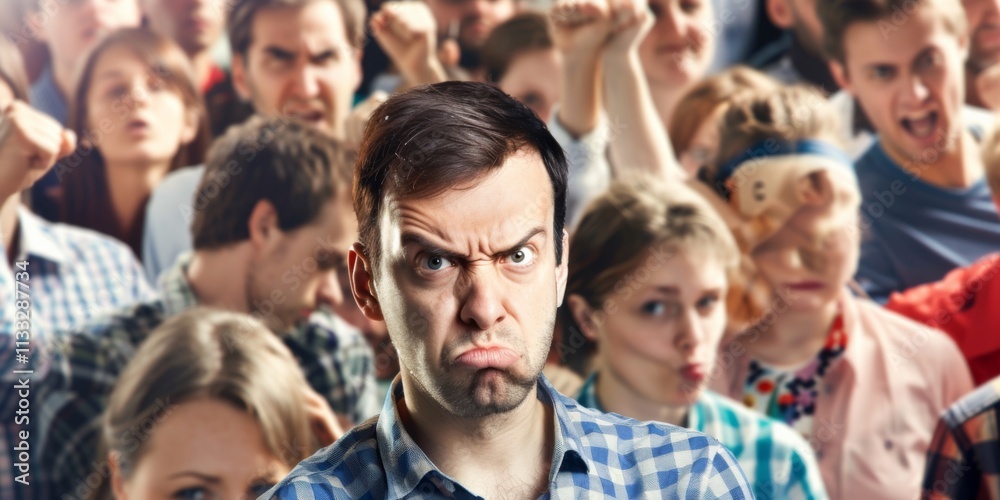 Fototapeta premium In a vibrant setting a man with a bored expression stands amidst a lively crowd of protestors voicing their discontent with the political situation. Tensions rise as voices unite for change.
