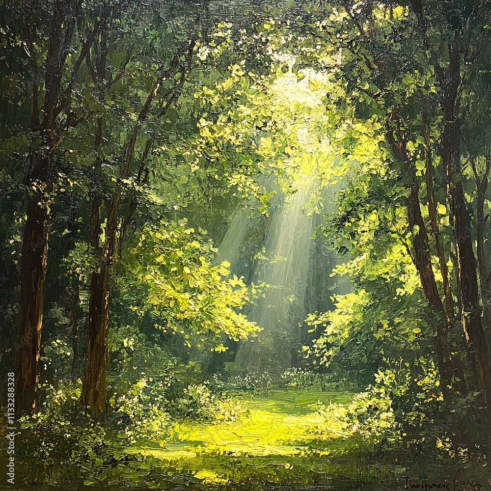 Obraz premium Sunlight filtering through lush forest canopy nature scene tranquil environment serene viewpoint outdoor concept