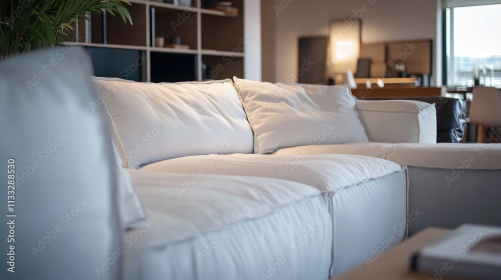 Obraz premium A white couch sits in a cozy living room next to a window, great for home decor and interior design concepts