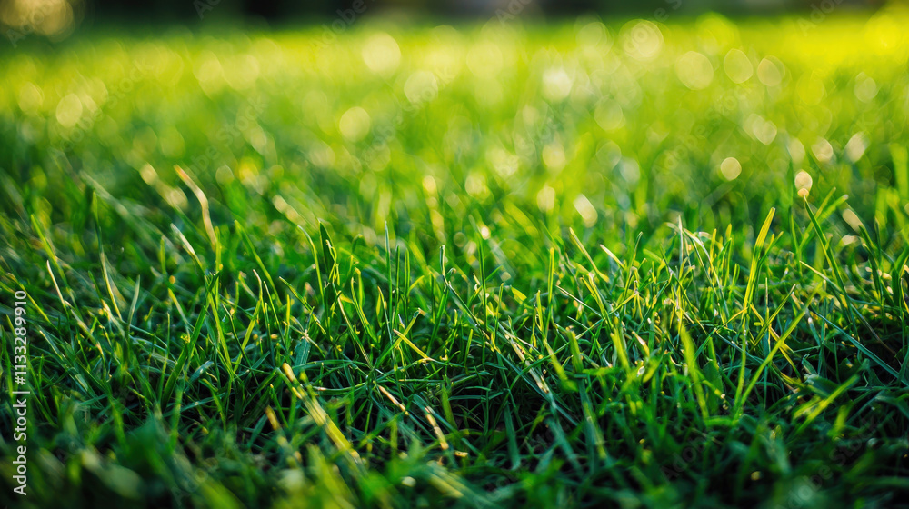 Fototapeta premium Fresh Green Grass with Water Droplets in Soft Focus, Nature Background for Landscape or Gardening Projects, Vibrant Texture Under Bright Sunlight