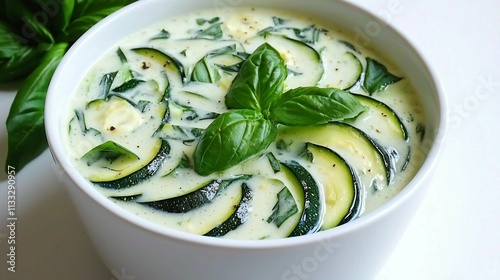 Creamy Zucchini Soup with Fresh Basil and Garlic Garnish photo