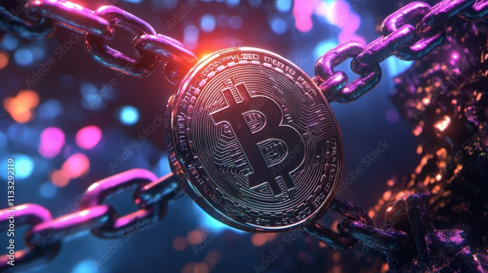 Bitcoin with encrypted blockchain rings, glowing locks and chains, high ...