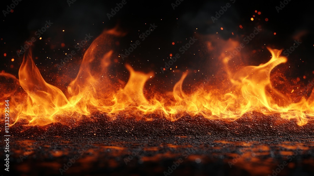 Fiery flames burning intensely on dark ground. Fiery flames burning intensely on dark ground.