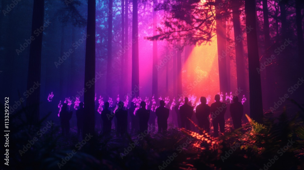 Fototapeta premium Choir in a virtual forest with glowing notes, surreal, soft light, vibrant colors