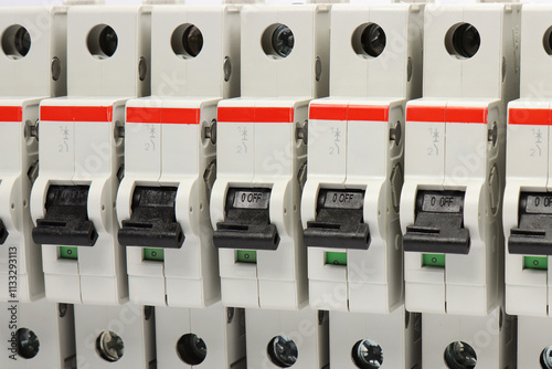 Automatic current switches to protect electrical loads. Soft focus.