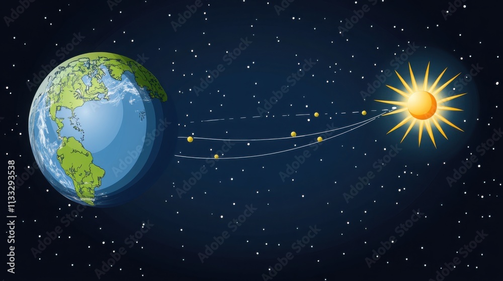 Fototapeta premium Earth axis diagram illustration showing the tilt of the Earth's rotational axis relative to its orbital plane, explaining the cause of seasonal changes and the distribution of sunlight.